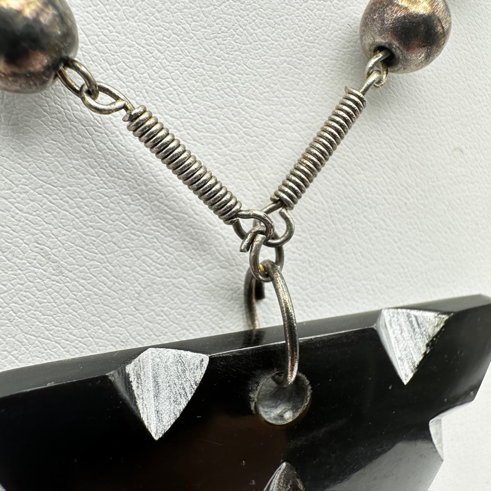 Vintage 90s Black Triangle Pendant Necklace Silver Tone Beaded Statement Jewelry - Thumbnail 7