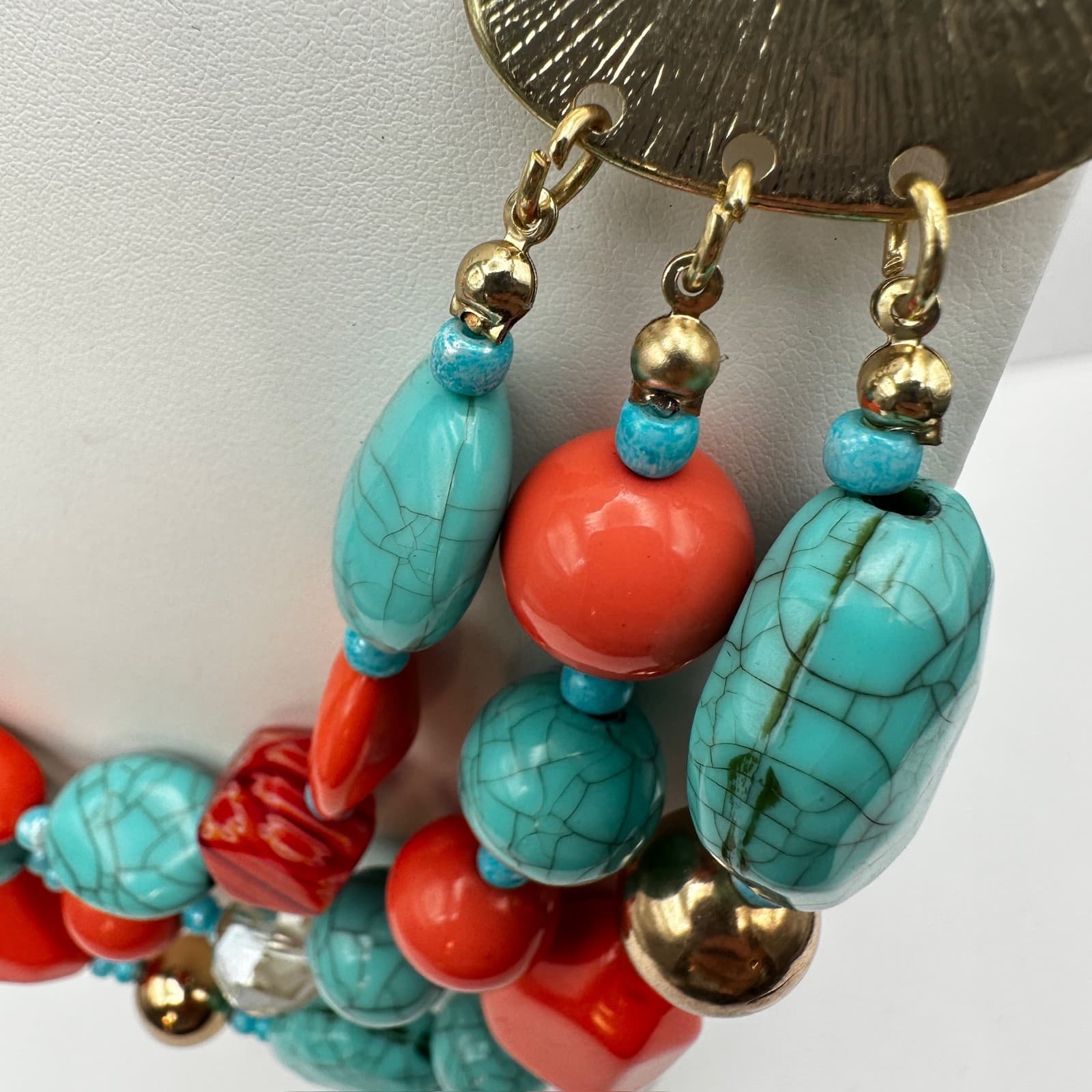 Vintage 90s Multi Strand Statement Necklace Turquoise Gold Tone Women's Jewelry - Thumbnail 11