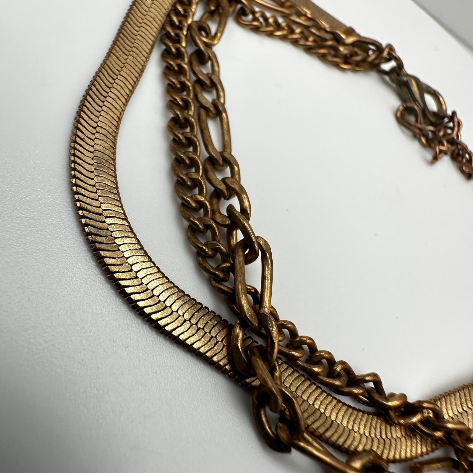 Vintage 90s Gold Tone Multi-Chain Layered Bracelets Herringbone Figaro Statement - Thumbnail 3