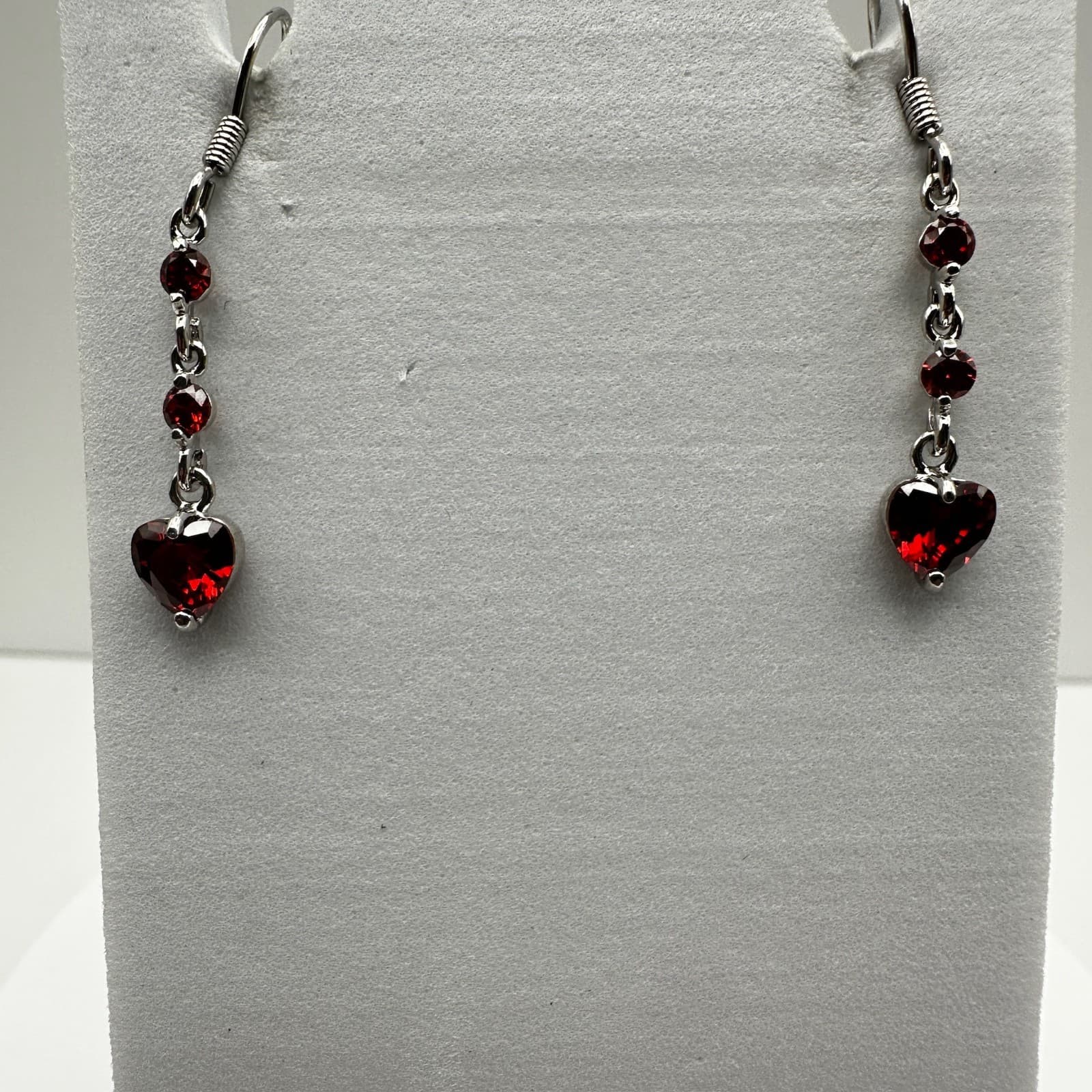 Vintage 80s Austrian Crystal Red Heart Dangle Earrings Silver Tone Ruby CZ - Thumbnail 5