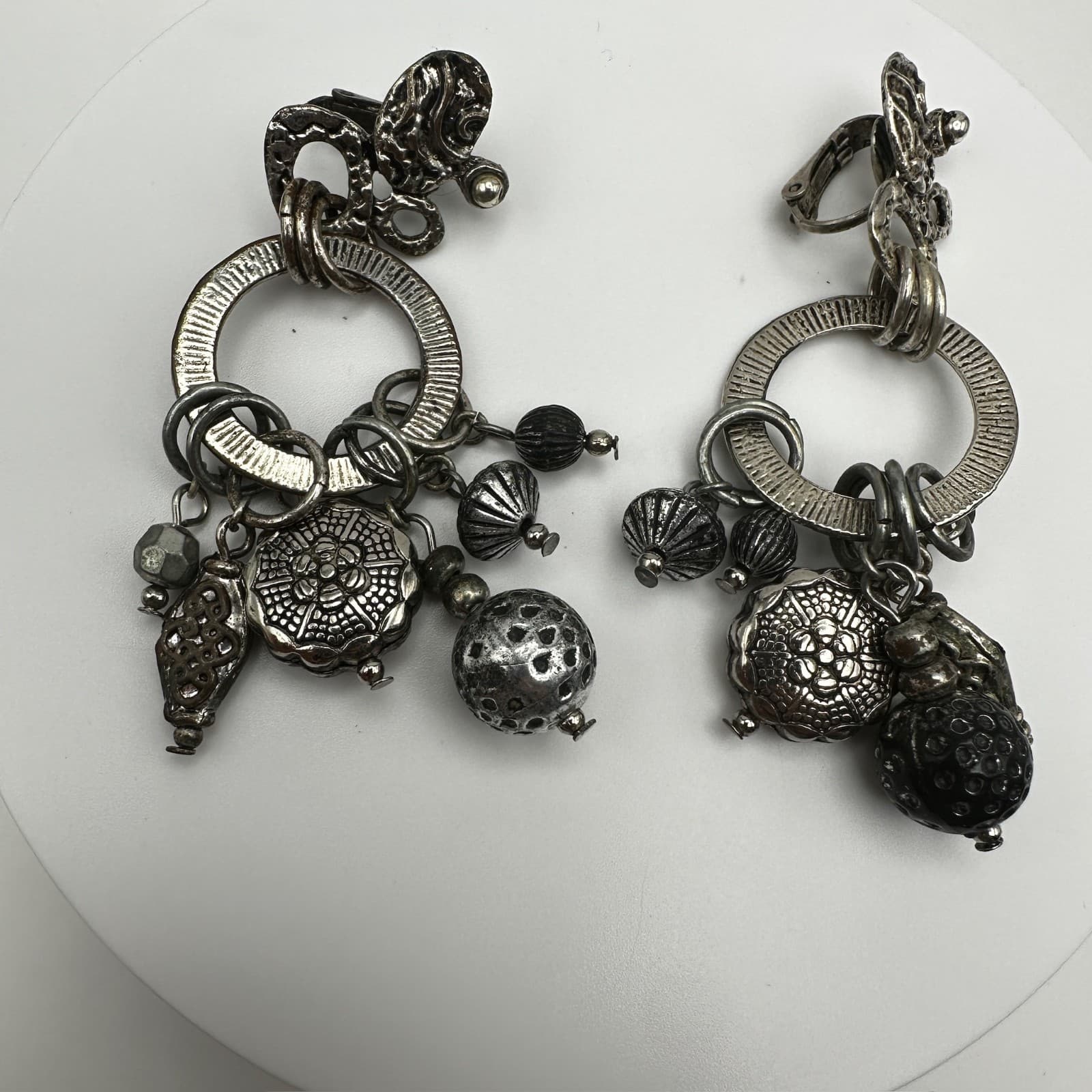 Vintage 90s Birch Hill Silver Tone Multi Charm Dangle Earrings Statement Jewelry - Image 1