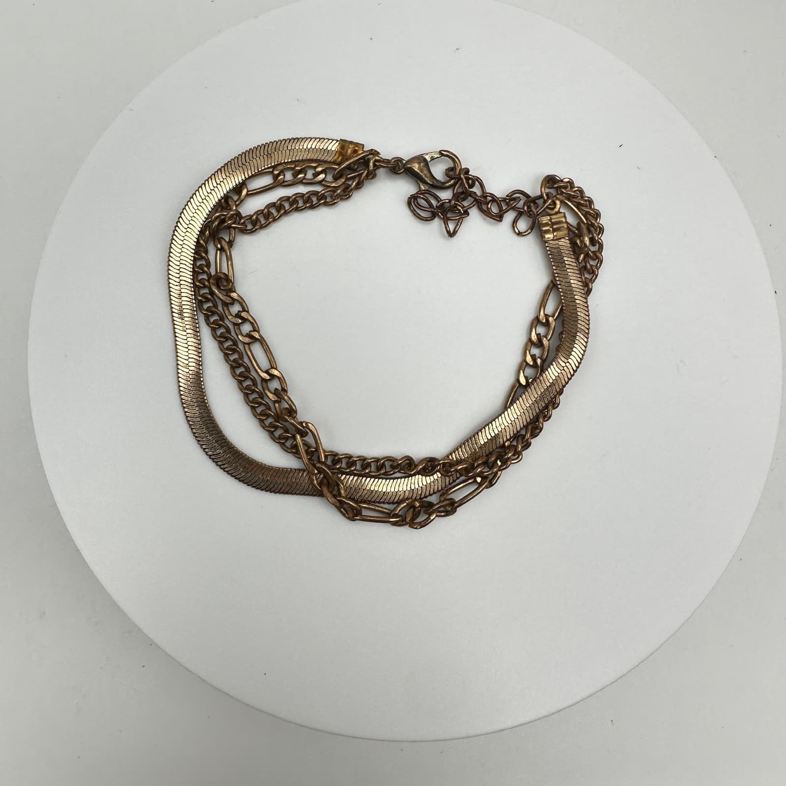 Vintage 90s Gold Tone Multi-Chain Layered Bracelets Herringbone Figaro Statement - Image 1