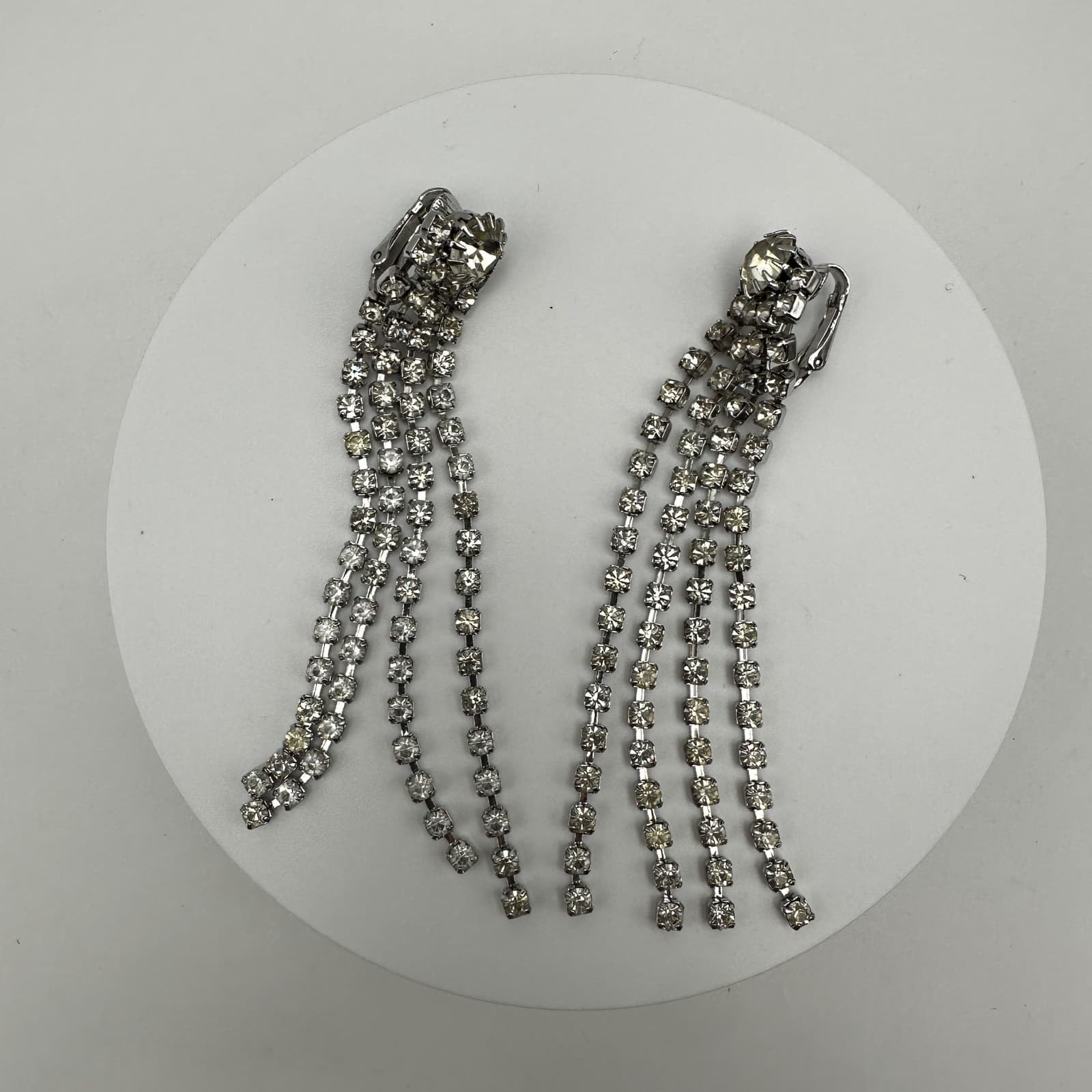Vintage 80s Clear Rhinestone Sparkly Tassel Clip On Earrings Silver Tone Jewelry - Image 1