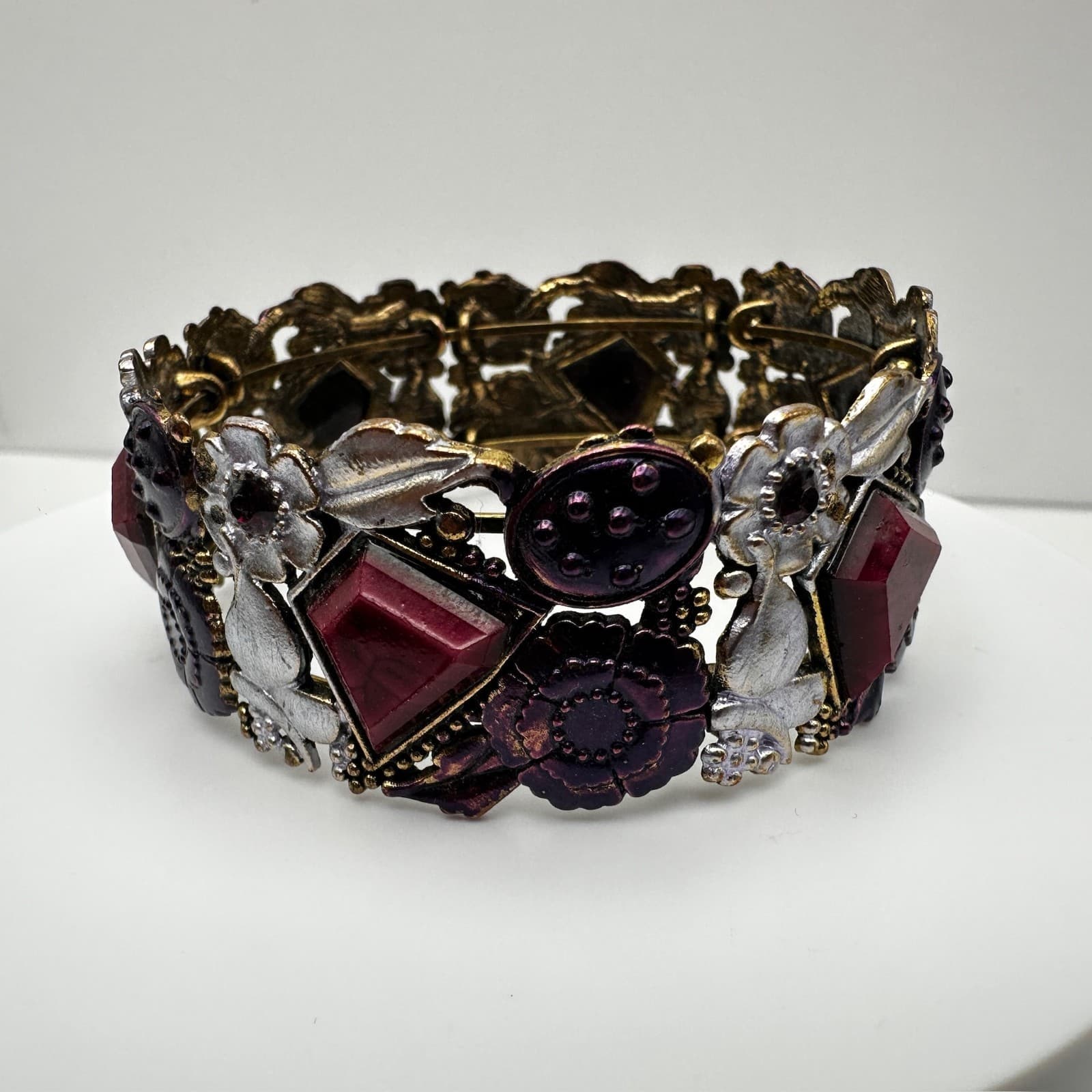 Vintage 90s Boho Floral Link Bracelet Geometric Stones Purple Enamel Jewelry - Thumbnail 4