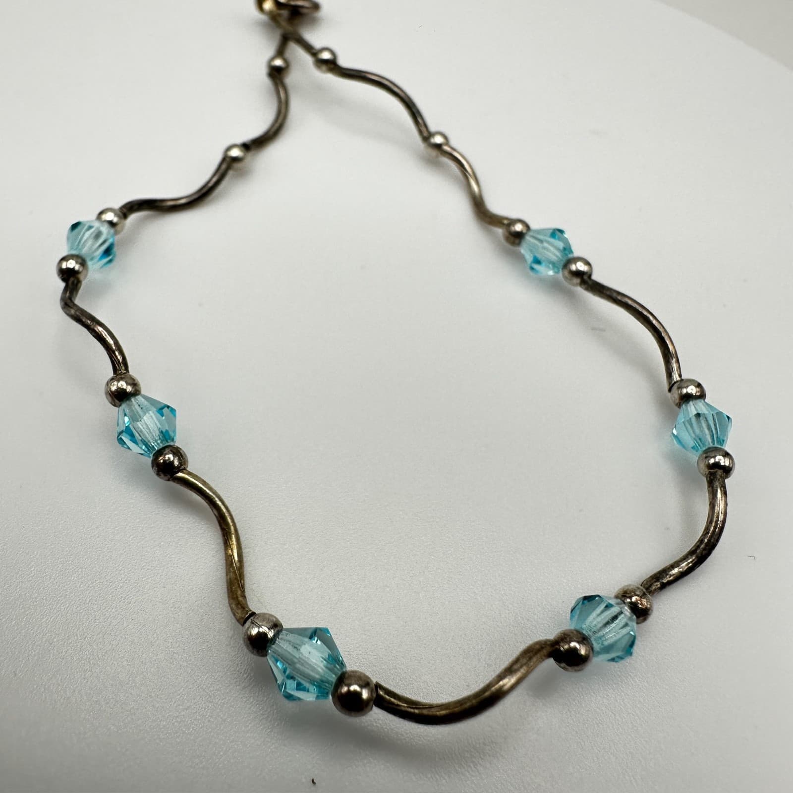 Vintage 90s Y2K Blue Crystal Beaded Wave Bracelet Silver Tone Boho Jewelry - Thumbnail 8