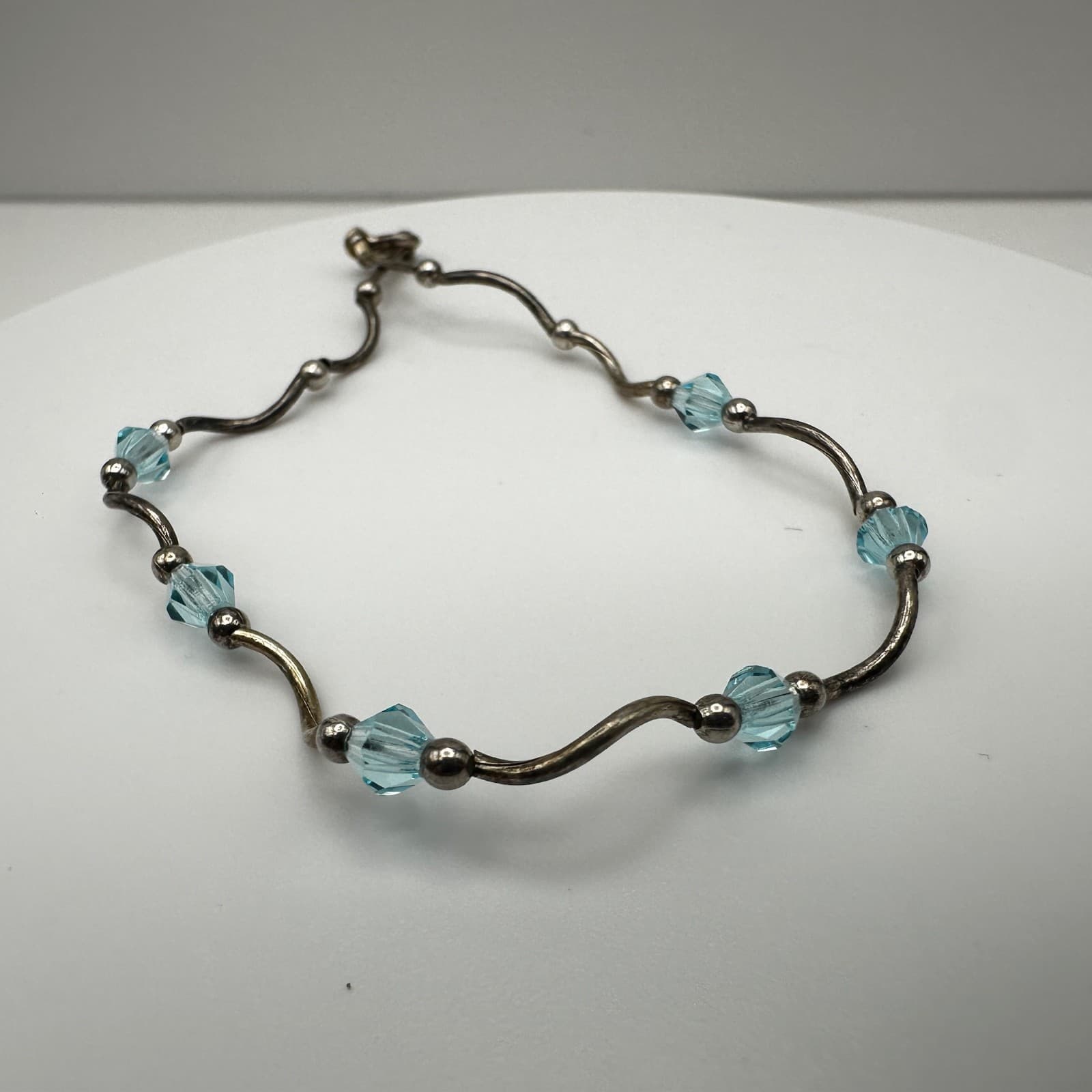 Vintage 90s Y2K Blue Crystal Beaded Wave Bracelet Silver Tone Boho Jewelry - Thumbnail 3