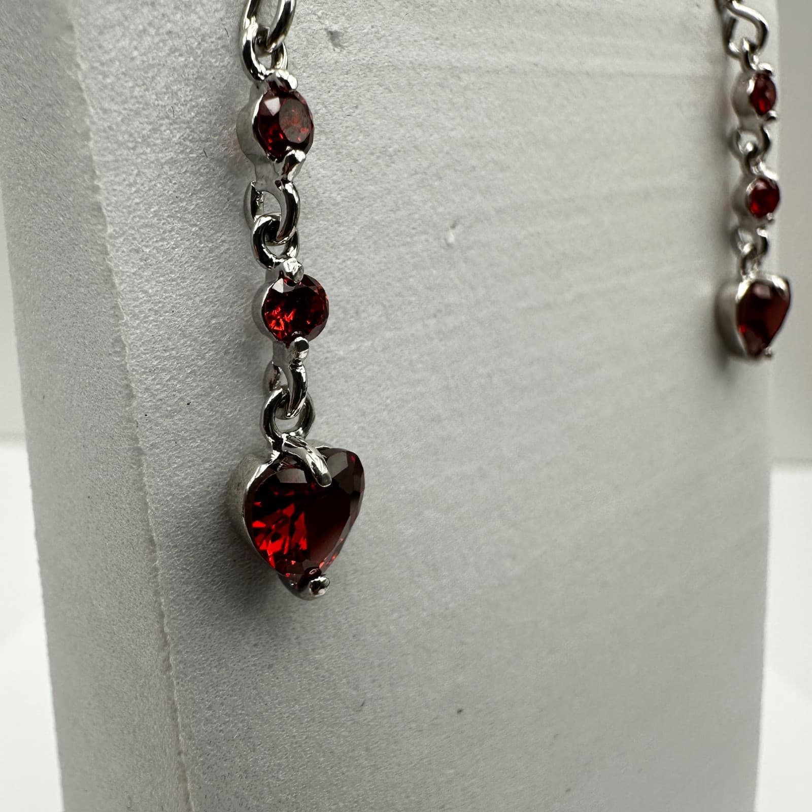 Vintage 80s Austrian Crystal Red Heart Dangle Earrings Silver Tone Ruby CZ - Thumbnail 3