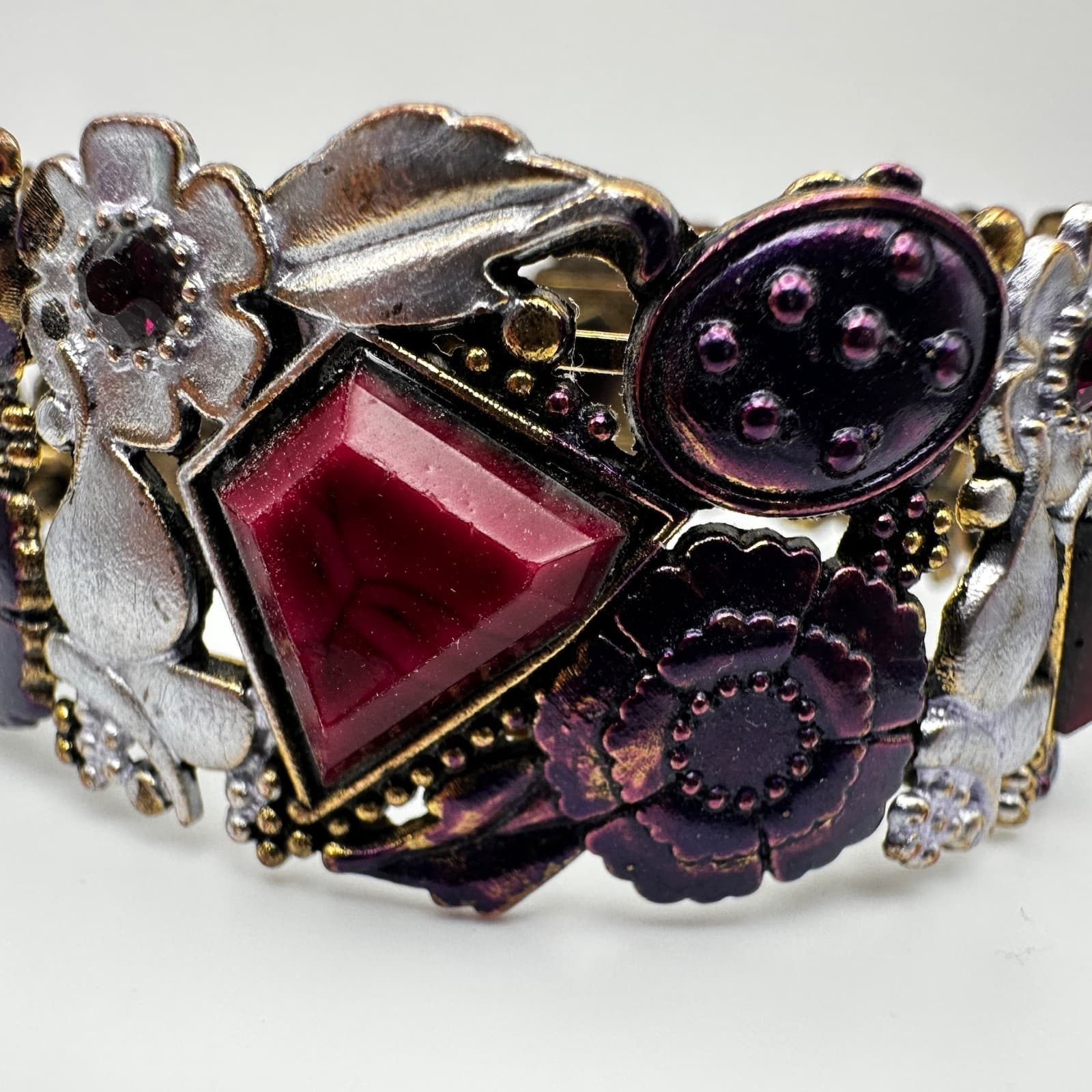 Vintage 90s Boho Floral Link Bracelet Geometric Stones Purple Enamel Jewelry - Thumbnail 5