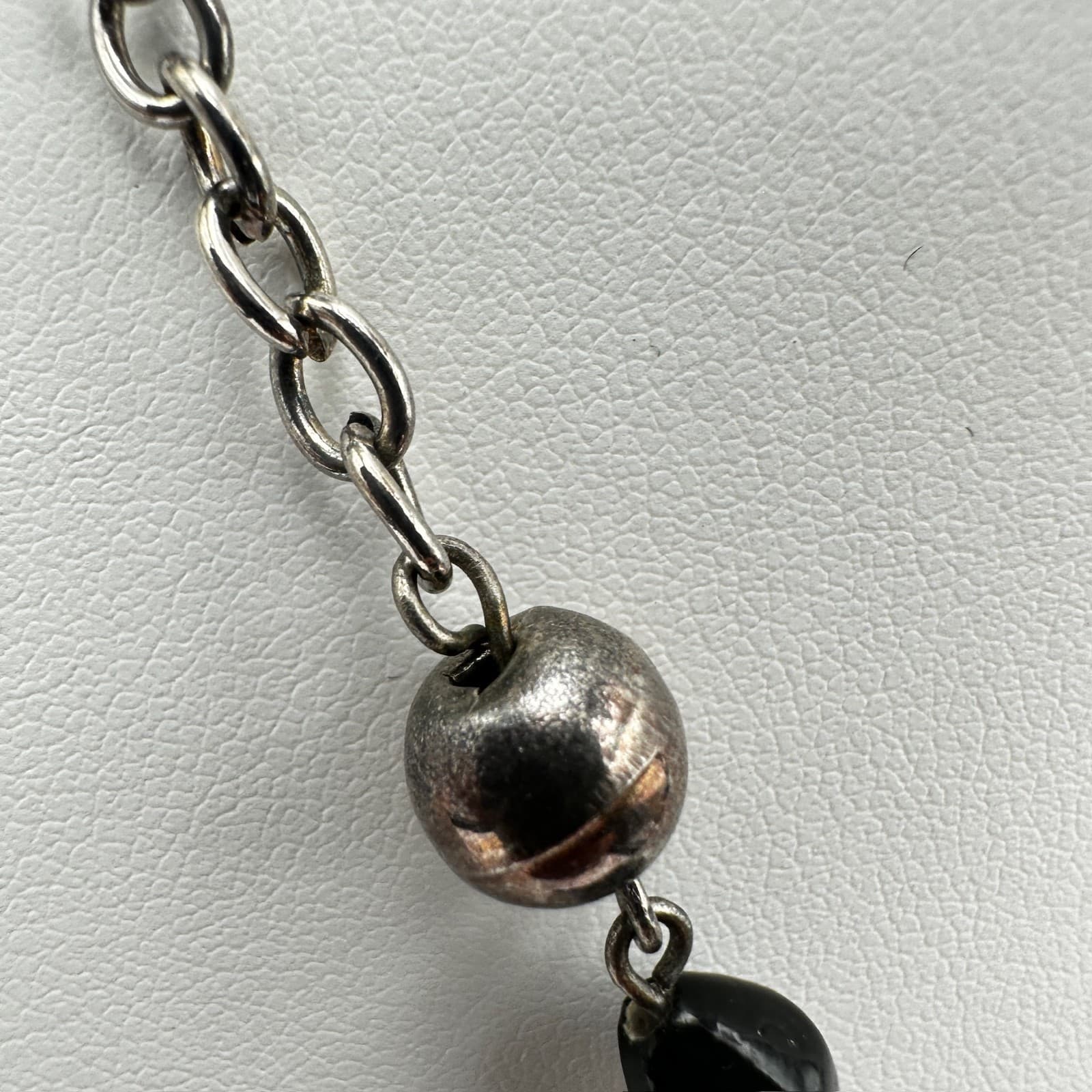 Vintage 90s Black Triangle Pendant Necklace Silver Tone Beaded Statement Jewelry - Thumbnail 9