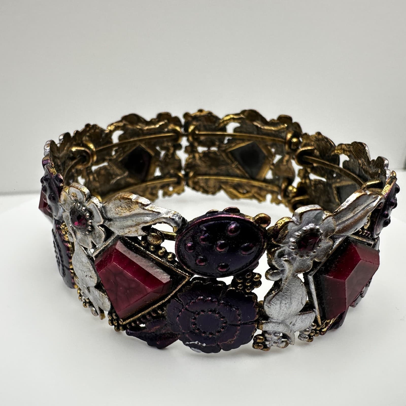 Vintage 90s Boho Floral Link Bracelet Geometric Stones Purple Enamel Jewelry - Thumbnail 2