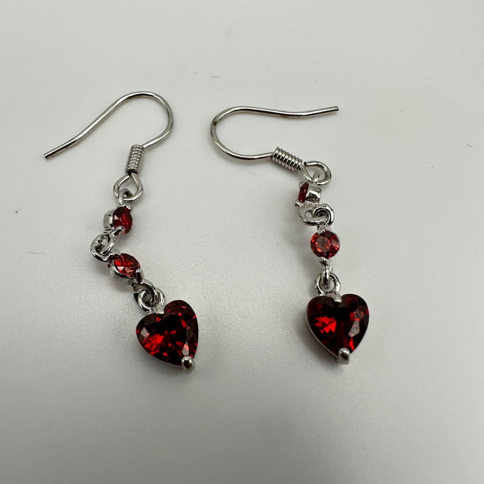 Vintage 80s Austrian Crystal Red Heart Dangle Earrings Silver Tone Ruby CZ - Thumbnail 8