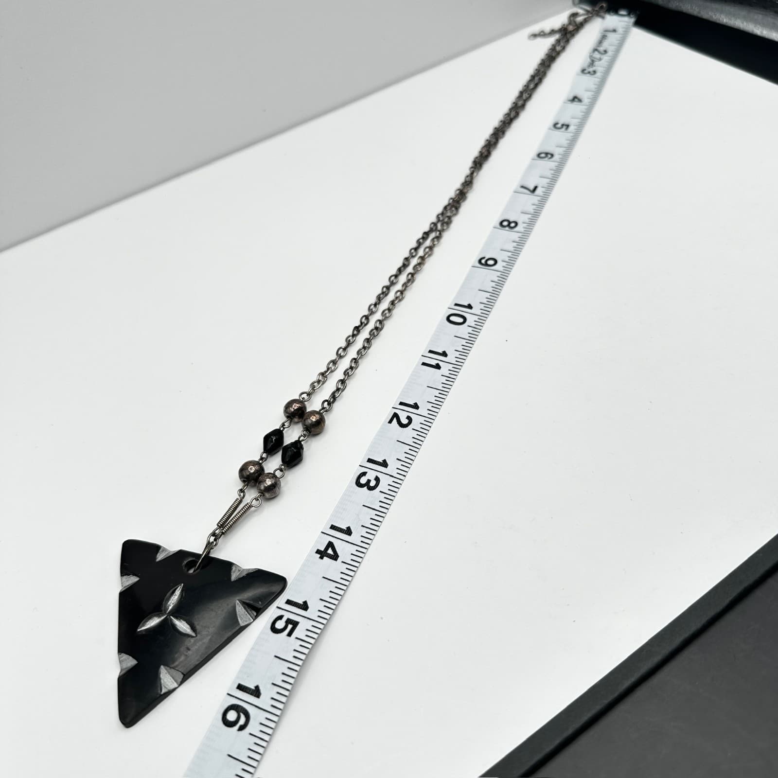 Vintage 90s Black Triangle Pendant Necklace Silver Tone Beaded Statement Jewelry - Thumbnail 13