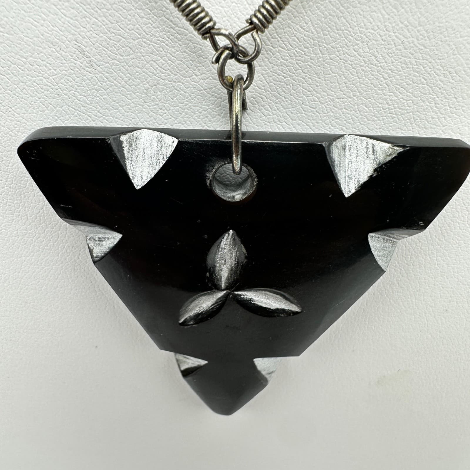 Vintage 90s Black Triangle Pendant Necklace Silver Tone Beaded Statement Jewelry - Thumbnail 8