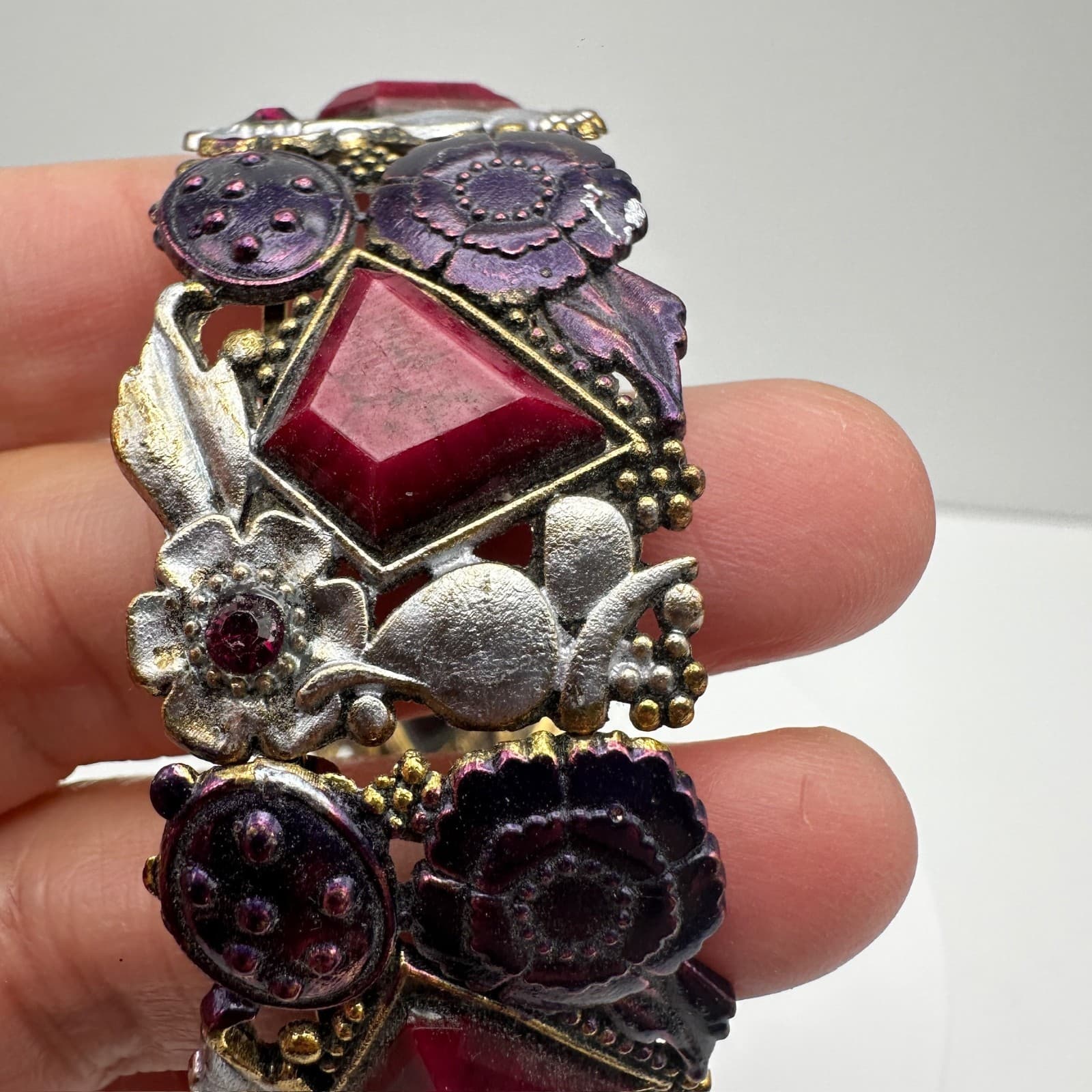 Vintage 90s Boho Floral Link Bracelet Geometric Stones Purple Enamel Jewelry - Thumbnail 10