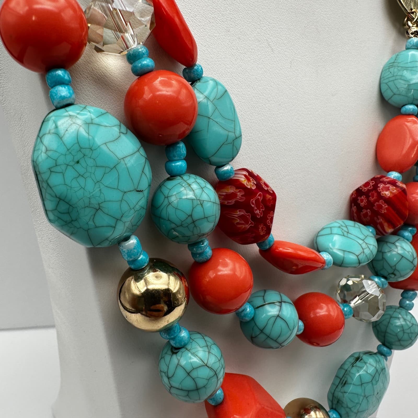 Vintage 90s Multi Strand Statement Necklace Turquoise Gold Tone Women's Jewelry - Thumbnail 4