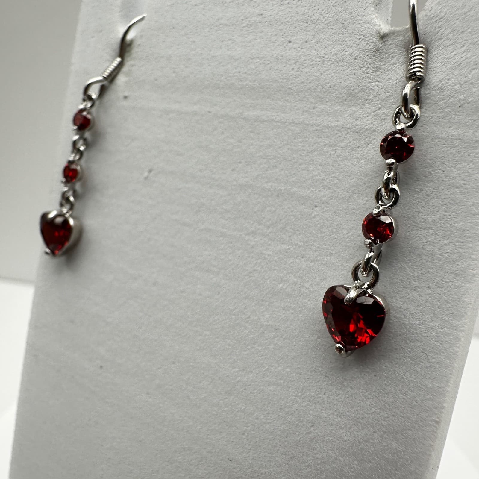 Vintage 80s Austrian Crystal Red Heart Dangle Earrings Silver Tone Ruby CZ - Thumbnail 4