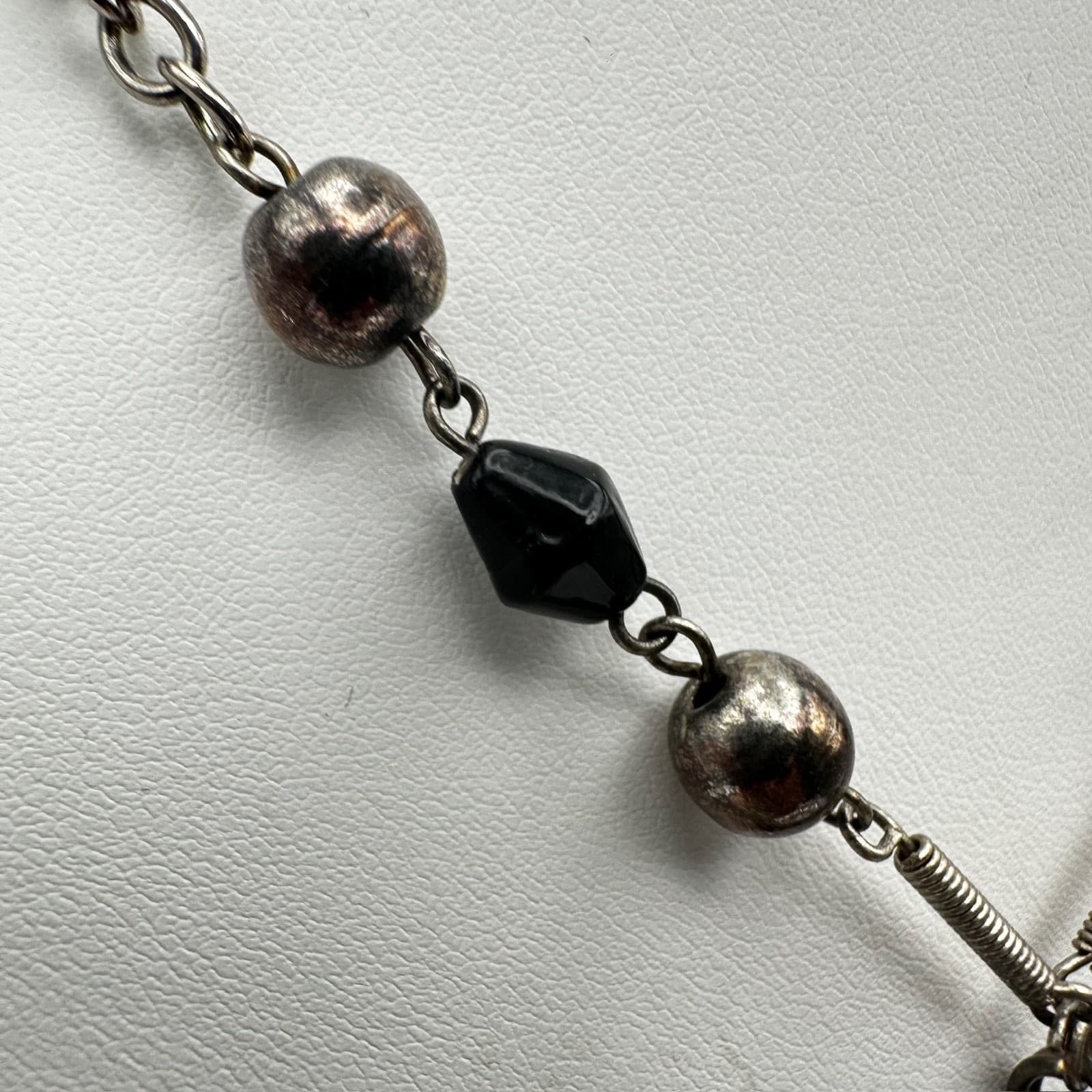 Vintage 90s Black Triangle Pendant Necklace Silver Tone Beaded Statement Jewelry - Thumbnail 5