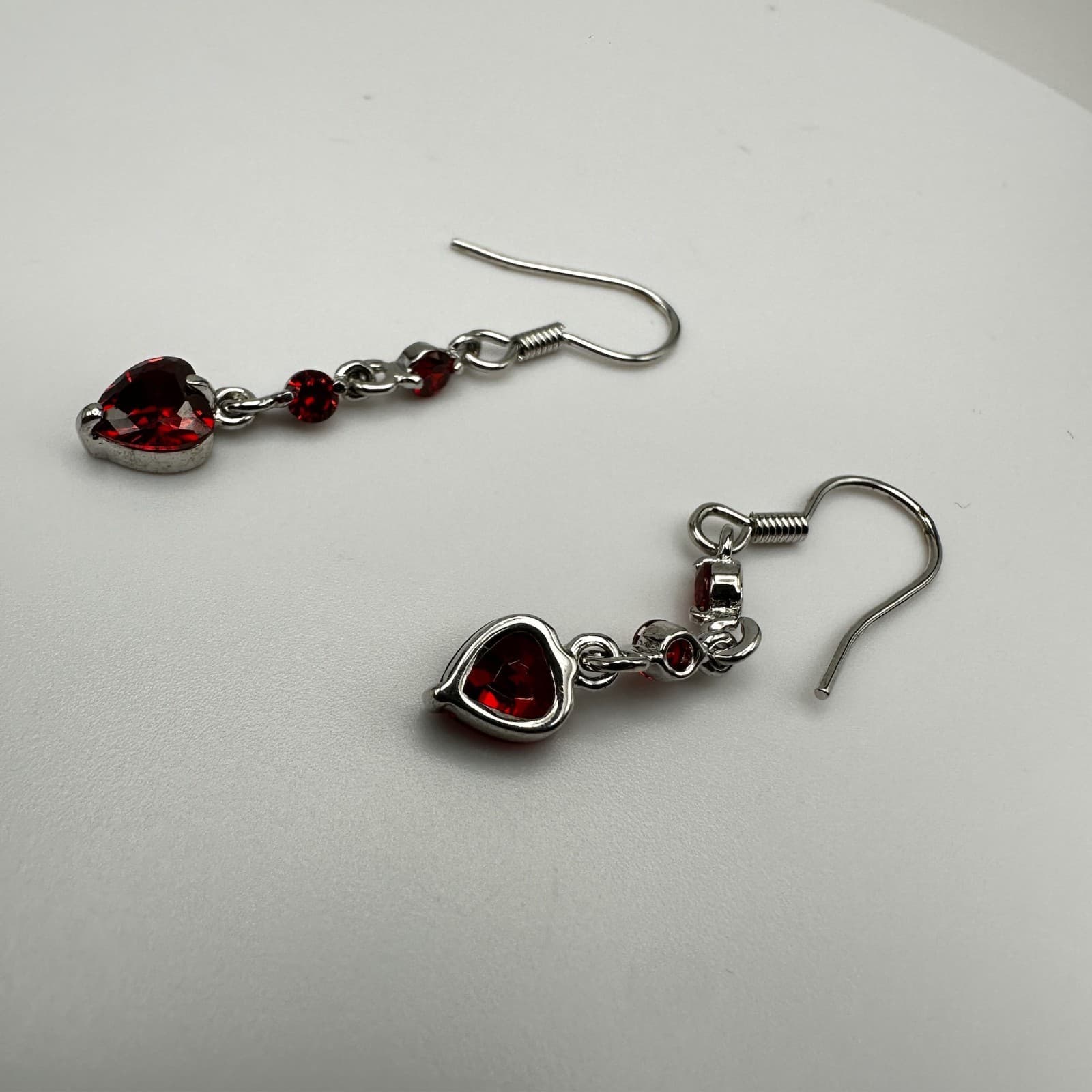 Vintage 80s Austrian Crystal Red Heart Dangle Earrings Silver Tone Ruby CZ - Thumbnail 14