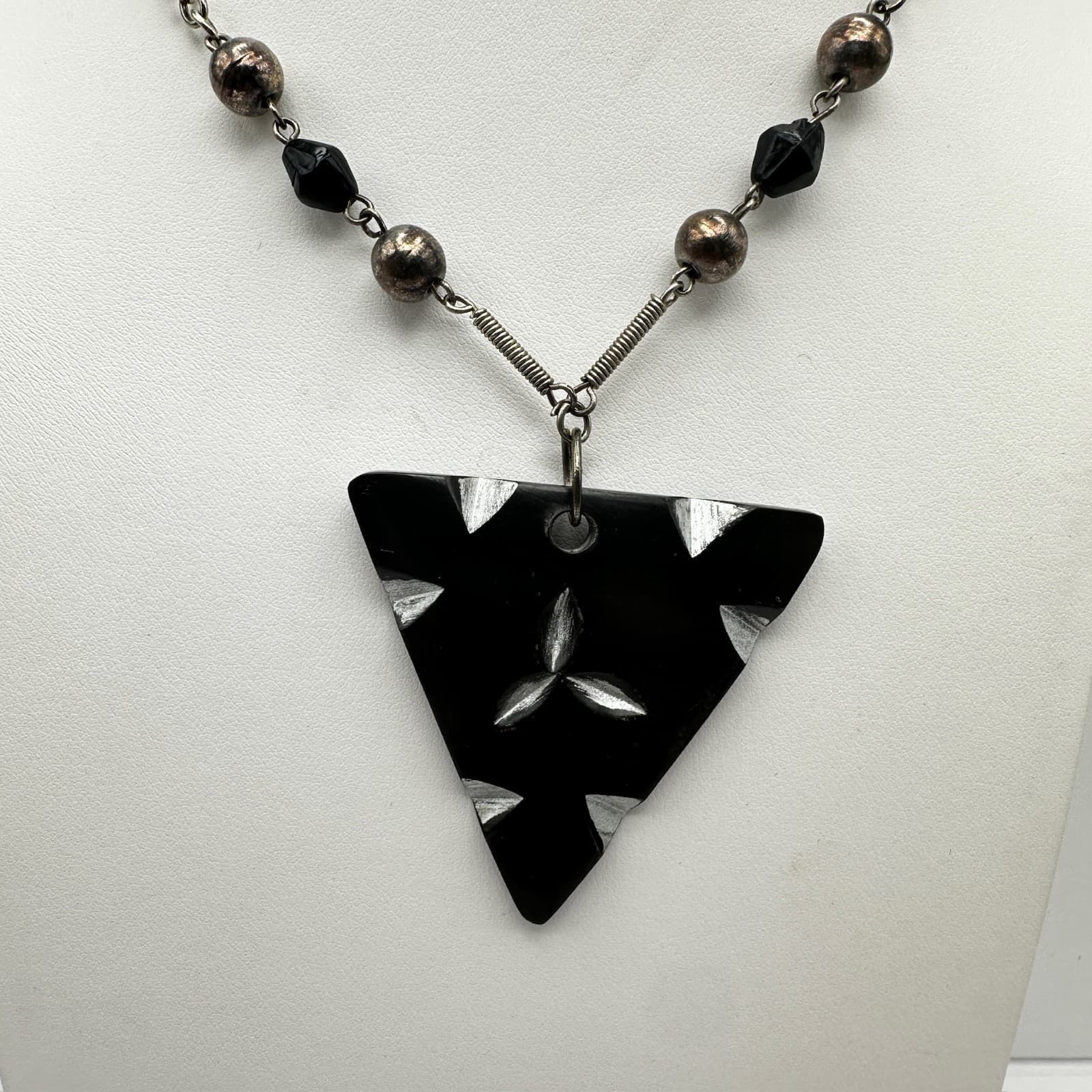 Vintage 90s Black Triangle Pendant Necklace Silver Tone Beaded Statement Jewelry - Thumbnail 2