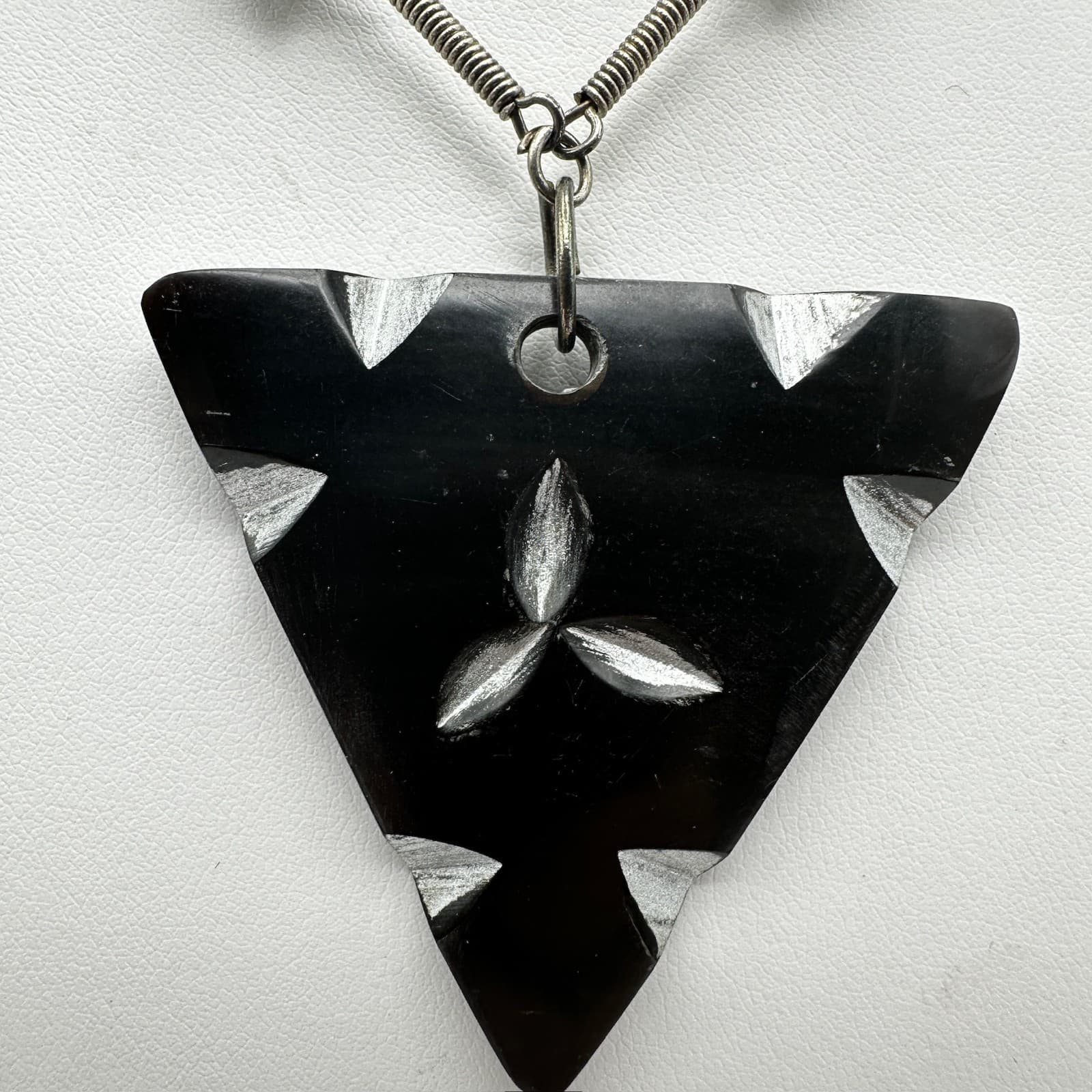 Vintage 90s Black Triangle Pendant Necklace Silver Tone Beaded Statement Jewelry - Thumbnail 10