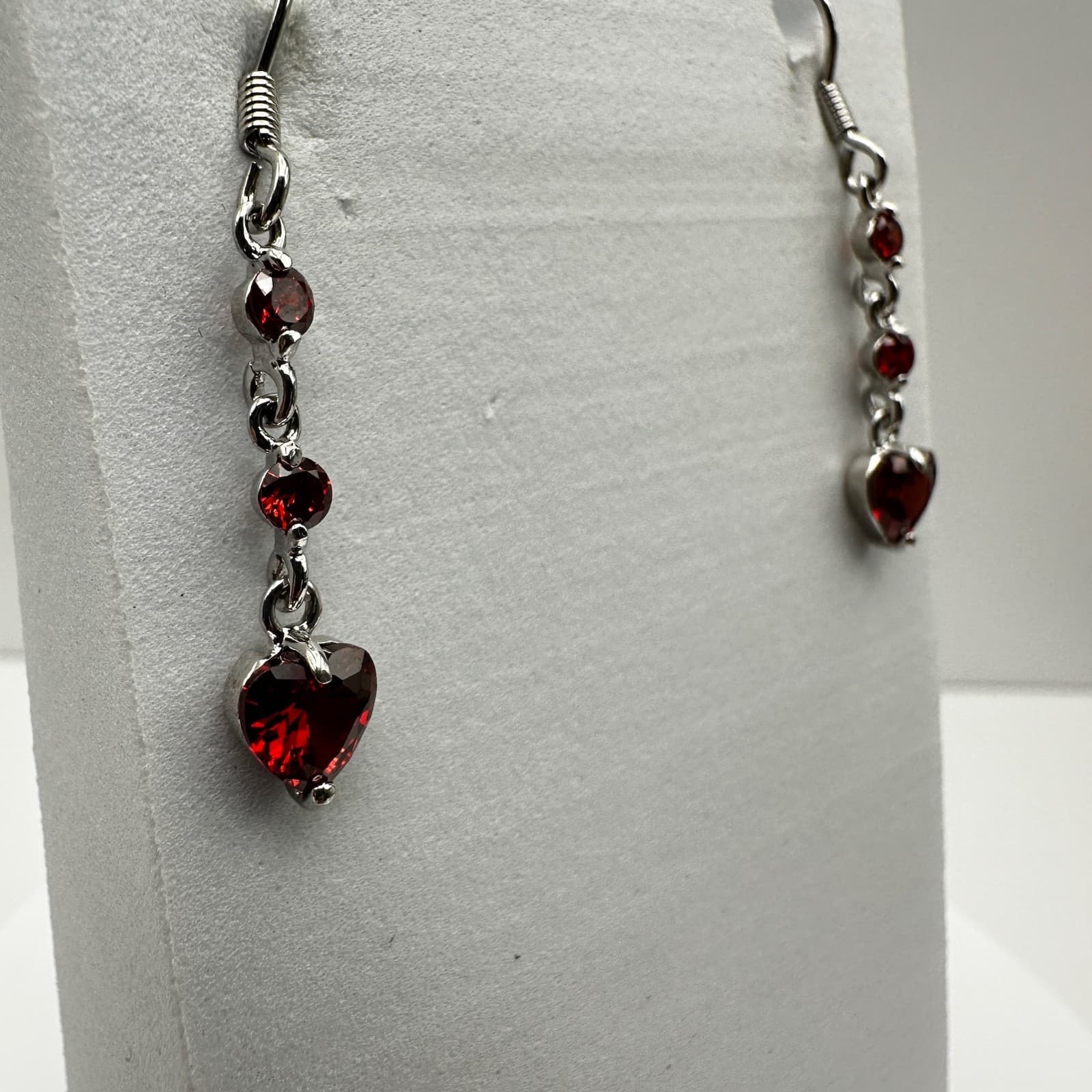 Vintage 80s Austrian Crystal Red Heart Dangle Earrings Silver Tone Ruby CZ - Thumbnail 2