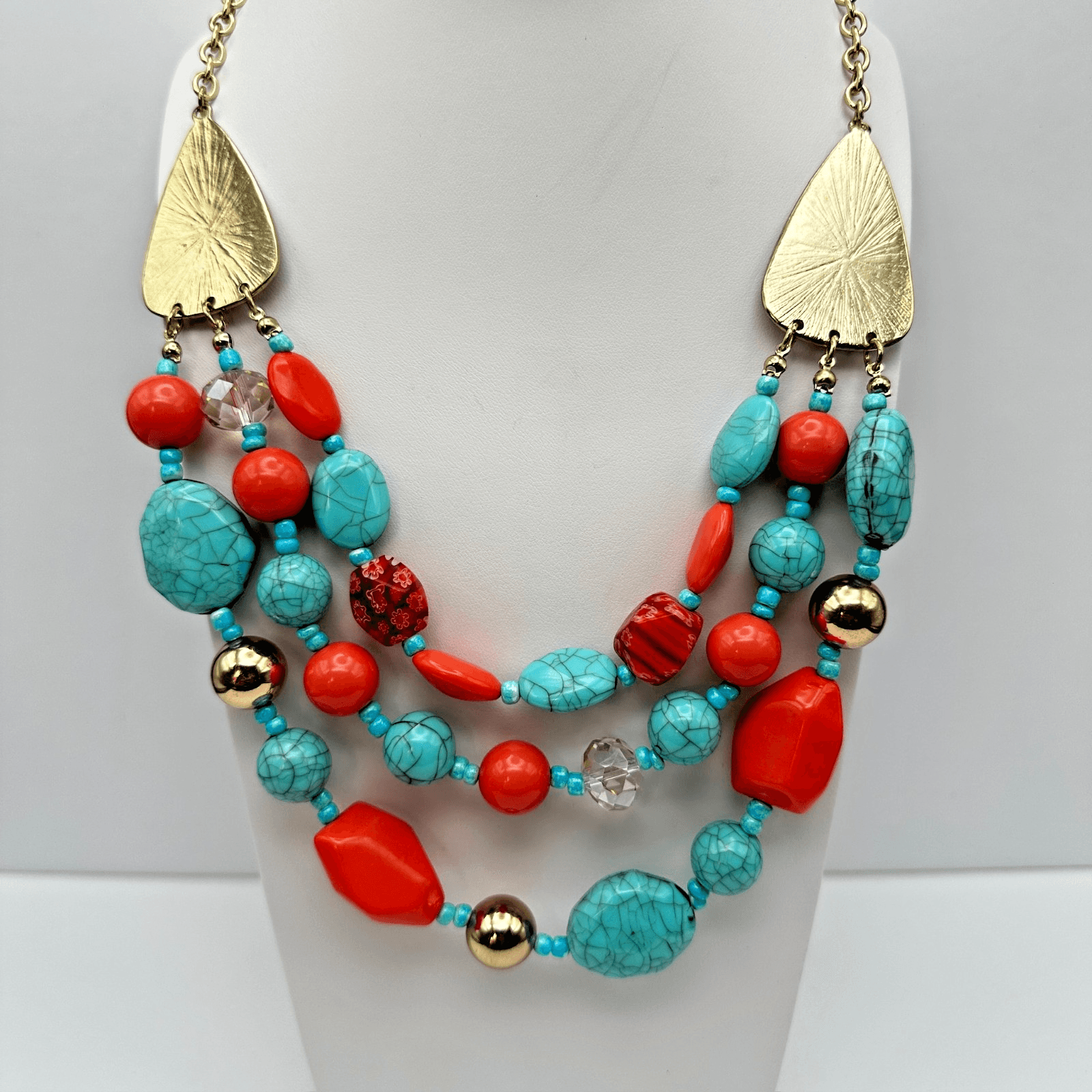 Vintage 90s Multi Strand Statement Necklace Turquoise Gold Tone Women's Jewelry - Image 1