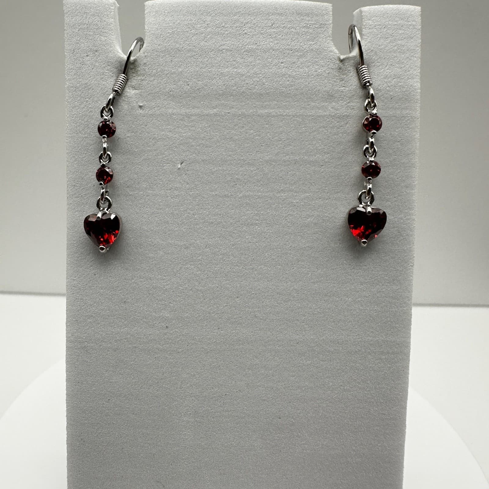 Vintage 80s Austrian Crystal Red Heart Dangle Earrings Silver Tone Ruby CZ - Image 1