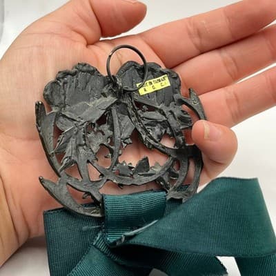 Vintage Bronze Floral Sash Pin Green Ribbon Bow Faux Pearl Brooch Made in Taiwan - Thumbnail 4