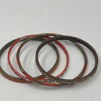 4pc Vintage Enamel Bangle Bracelet Set Orange Copper Rhinestone Stacking Jewelry - Thumbnail 3