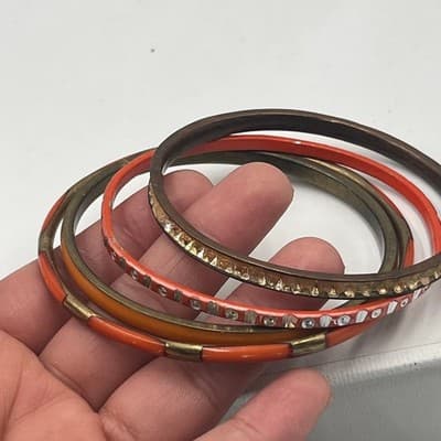 4pc Vintage Enamel Bangle Bracelet Set Orange Copper Rhinestone Stacking Jewelry - Thumbnail 4
