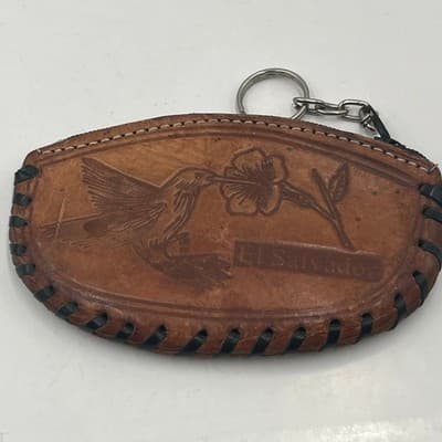 Vintage El Salvador Tazumal Leather Coin Purse Keychain Hummingbird Embossed - Thumbnail 5