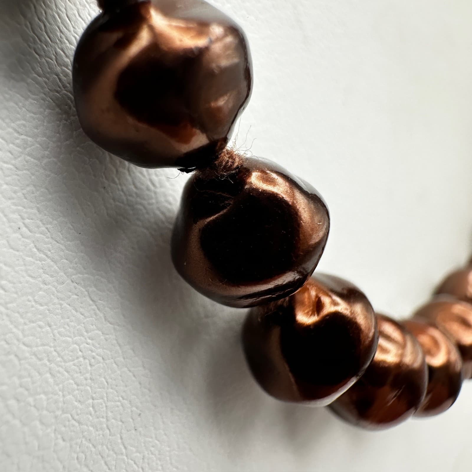 Vintage 90s Bronze Tone Pearl Knotted Necklace Gold Tone Clasp Women's Jewelry - Thumbnail 9