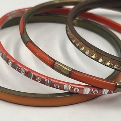 4pc Vintage Enamel Bangle Bracelet Set Orange Copper Rhinestone Stacking Jewelry - Thumbnail 2