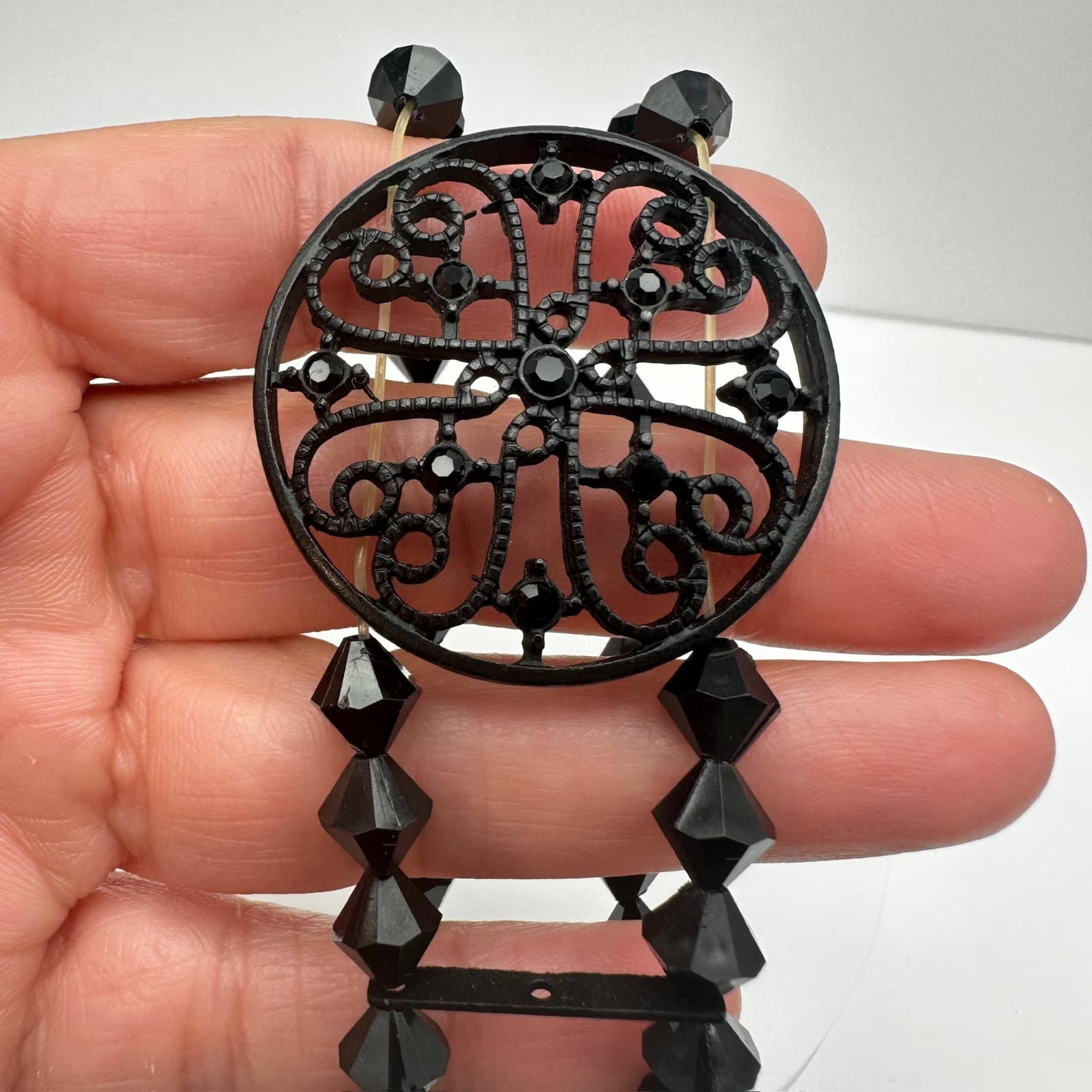 Vintage 80s Black Tone Bicone Beads Stretch Cuff Bracelet Women's Jewelry - Thumbnail 6