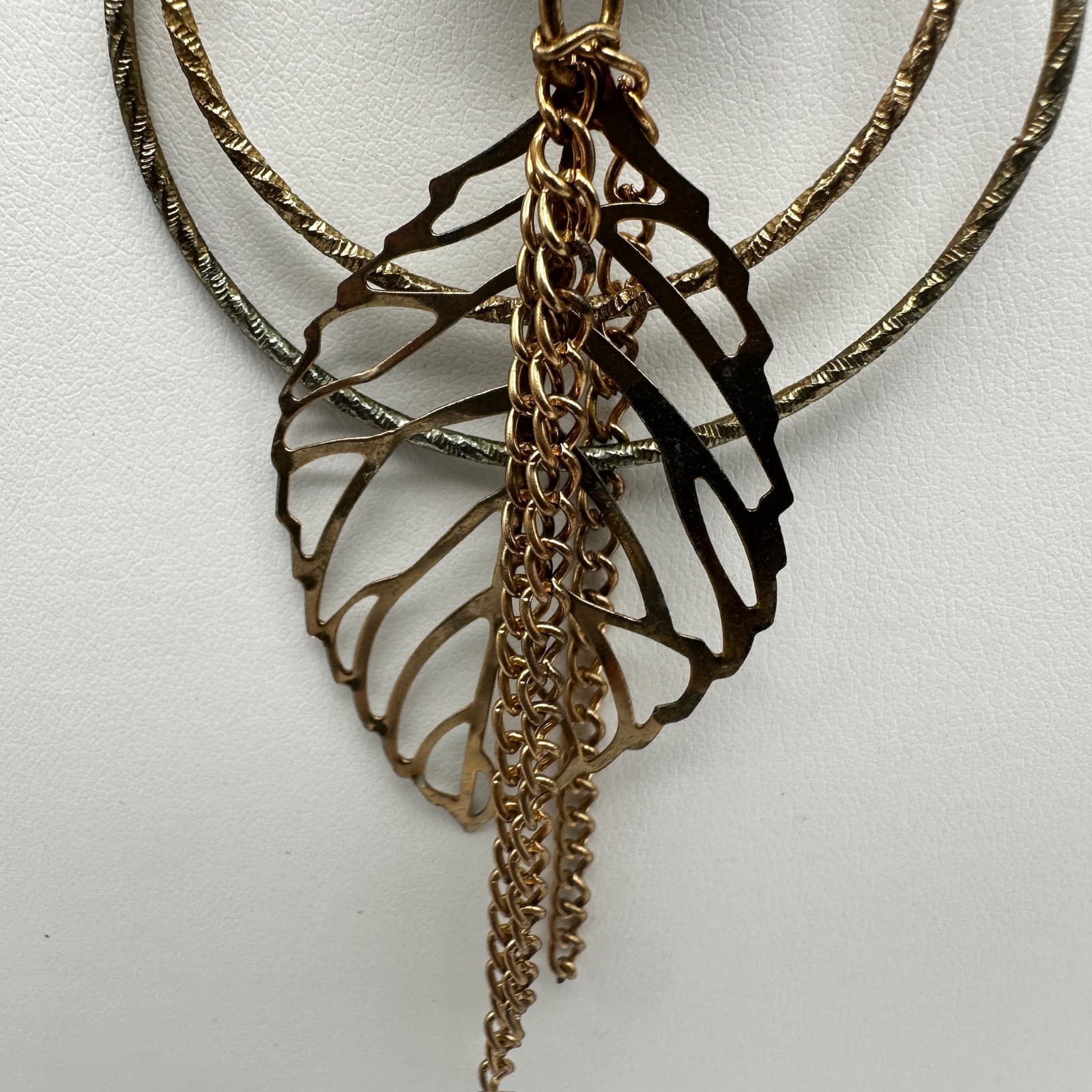Vintage 90s Leaf Black Double Hoop Pendant Necklace Gold Tone Women's Jewelry - Thumbnail 6