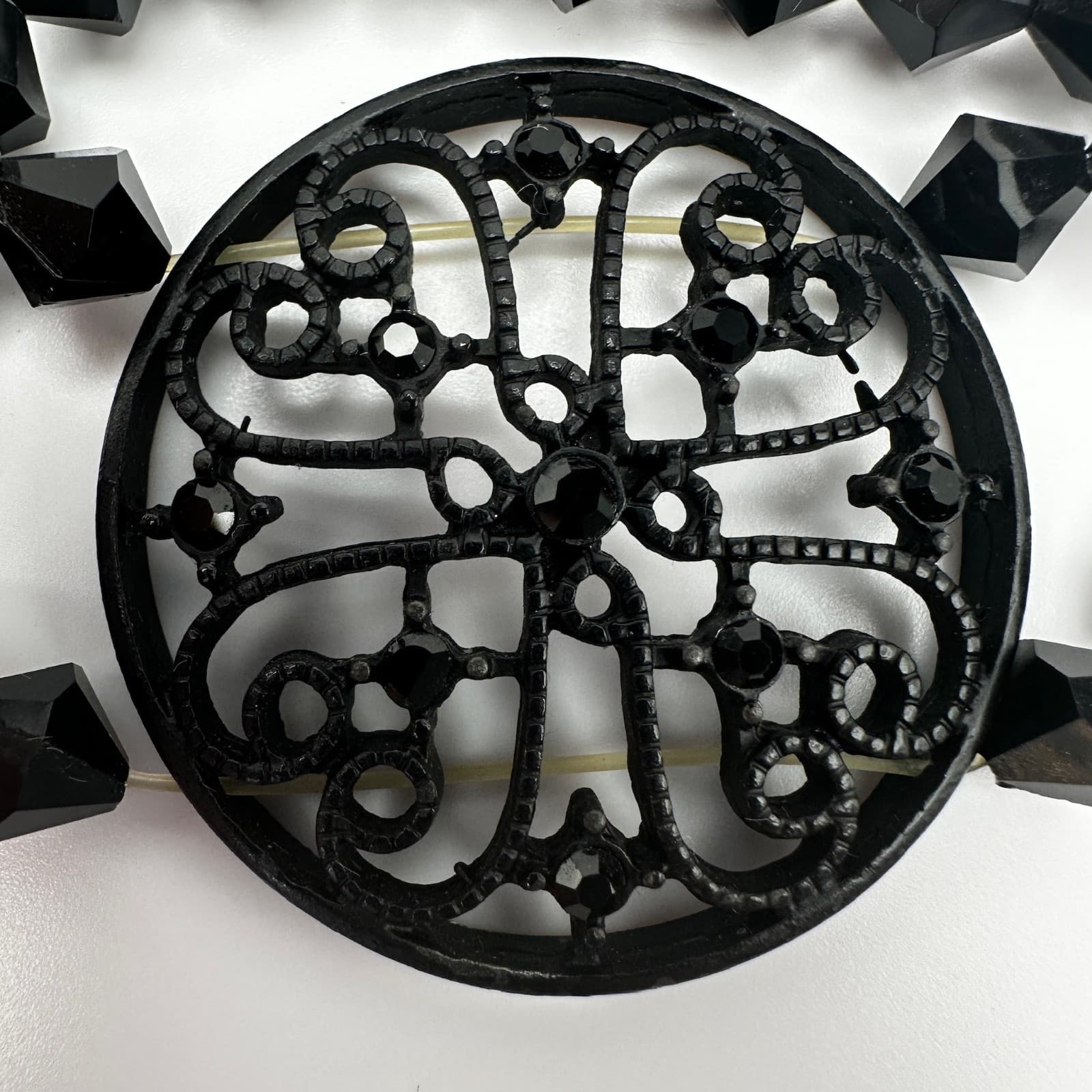 Vintage 80s Black Tone Bicone Beads Stretch Cuff Bracelet Women's Jewelry - Thumbnail 5