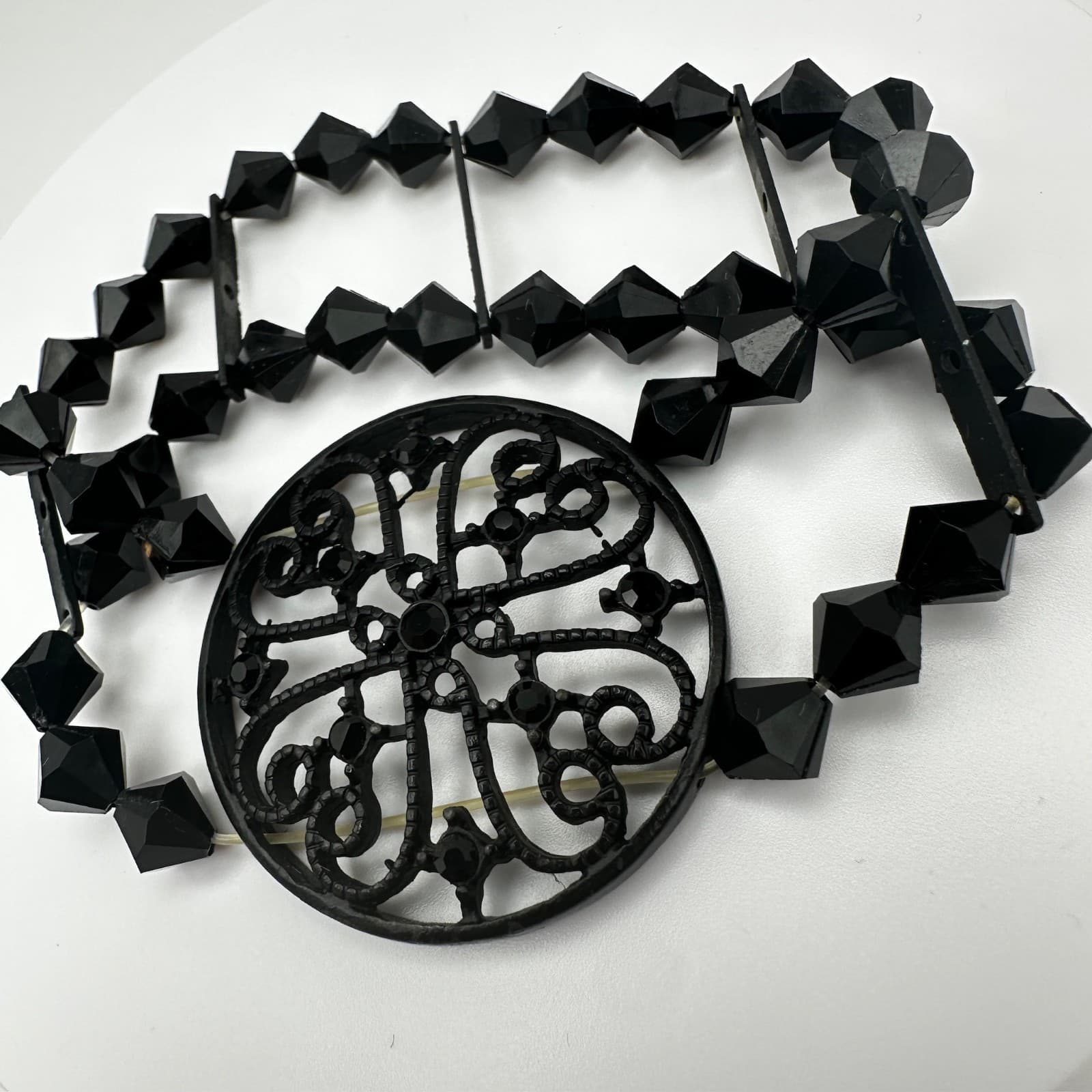 Vintage 80s Black Tone Bicone Beads Stretch Cuff Bracelet Women's Jewelry - Thumbnail 4