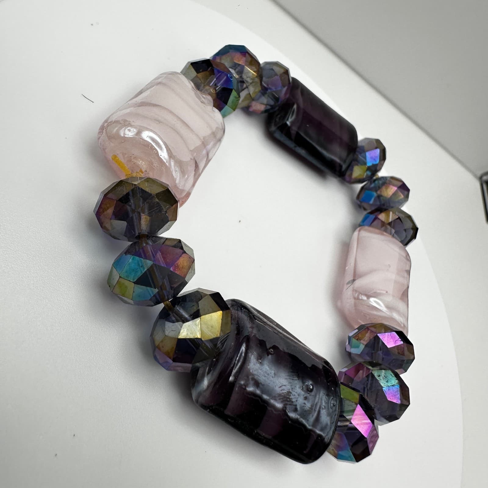 Vintage 90s Art Glass Bead Stretch Bracelet Iridescent Boho Women's Jewelry - Thumbnail 3