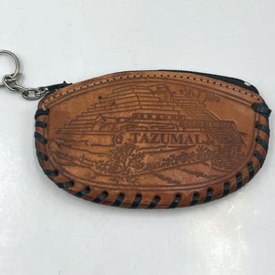 Vintage El Salvador Tazumal Leather Coin Purse Keychain Hummingbird Embossed - Image 1