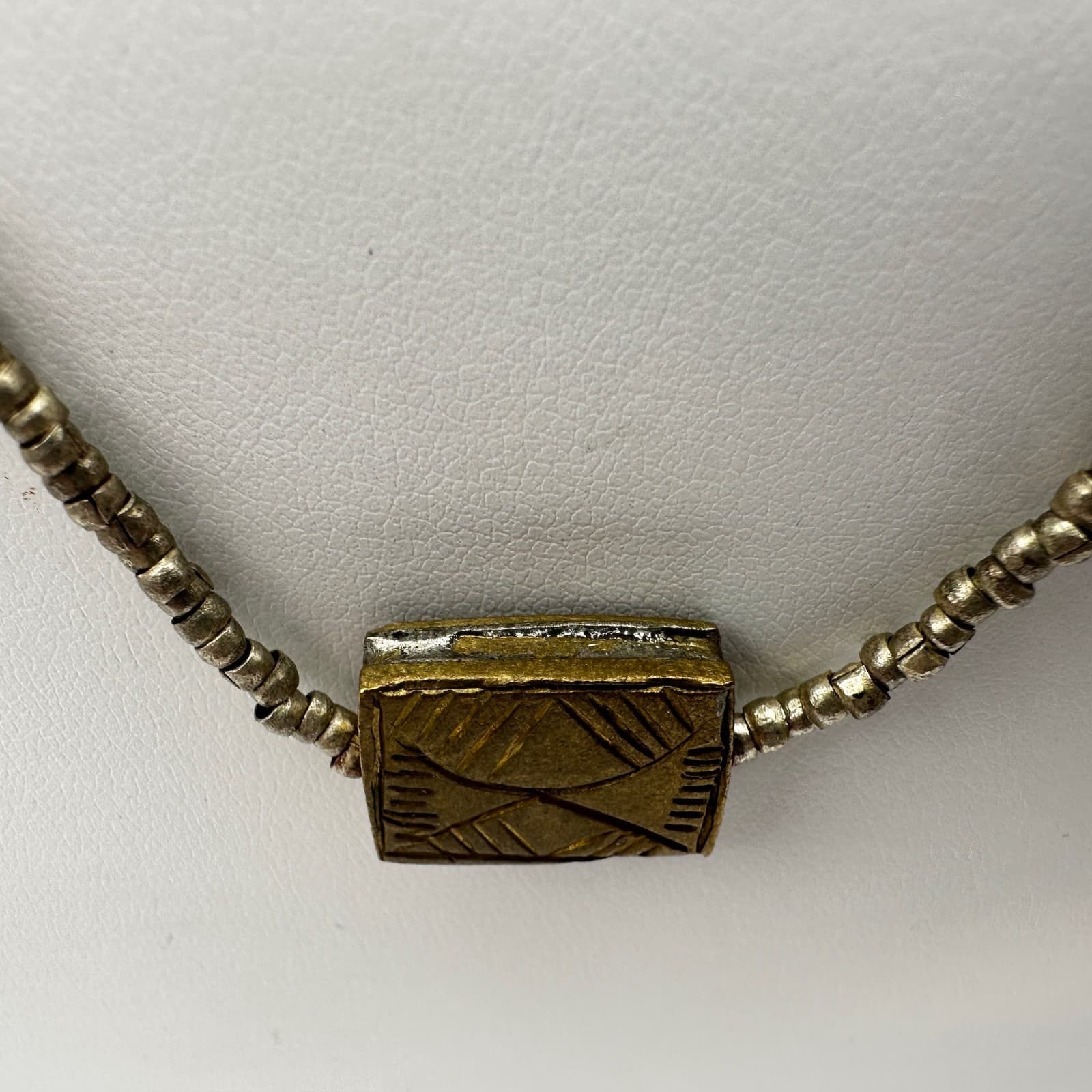 Vintage 90s Rectangular Etched Pendant Necklace Silver Tone Beads Jewelry - Thumbnail 4