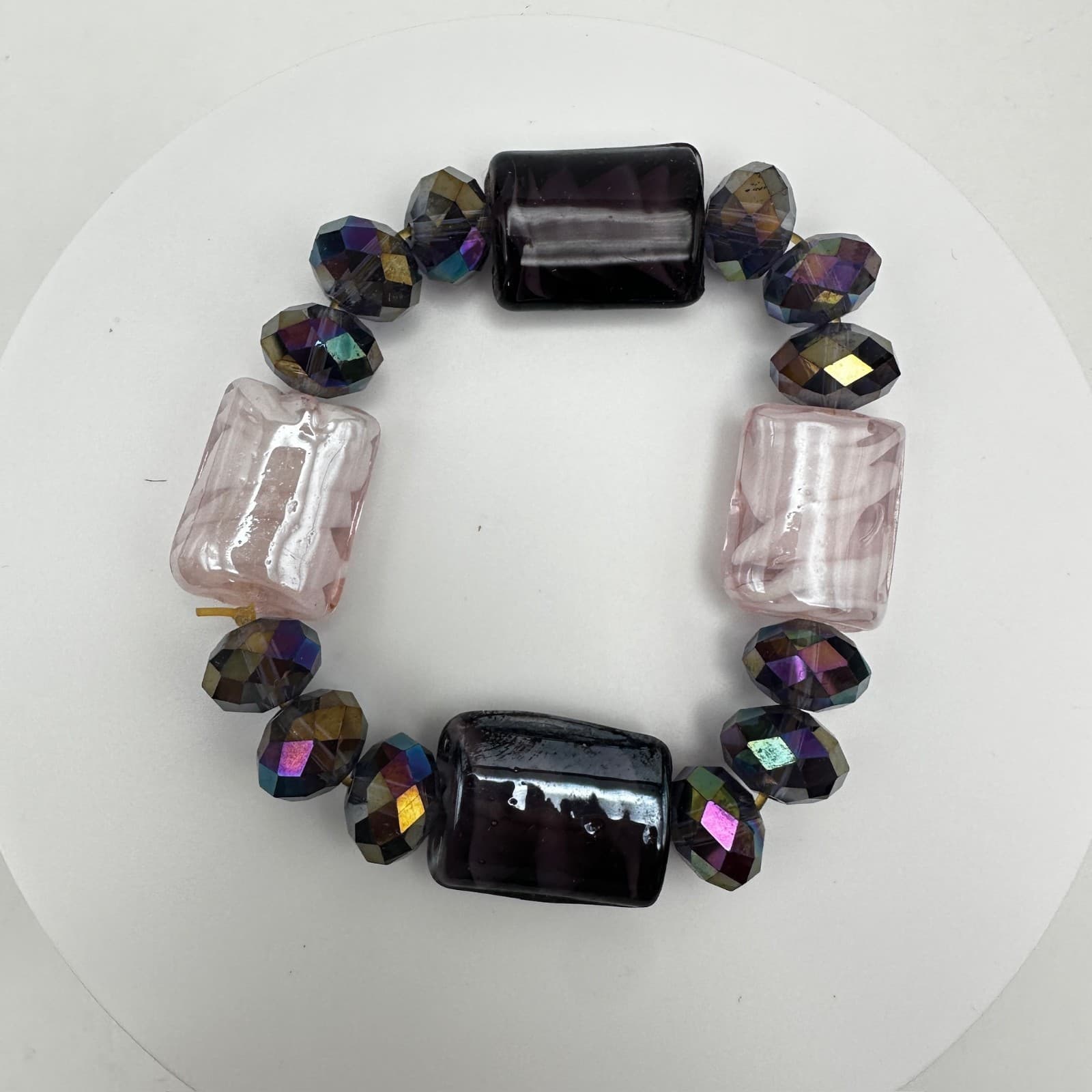 Vintage 90s Art Glass Bead Stretch Bracelet Iridescent Boho Women's Jewelry - Image 1