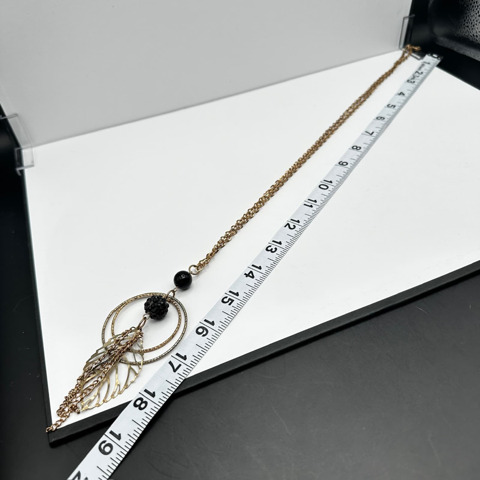 Vintage 90s Leaf Black Double Hoop Pendant Necklace Gold Tone Women's Jewelry - Thumbnail 13