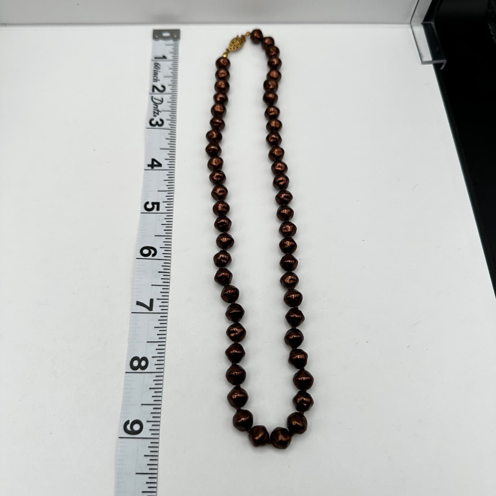 Vintage 90s Bronze Tone Pearl Knotted Necklace Gold Tone Clasp Women's Jewelry - Thumbnail 11