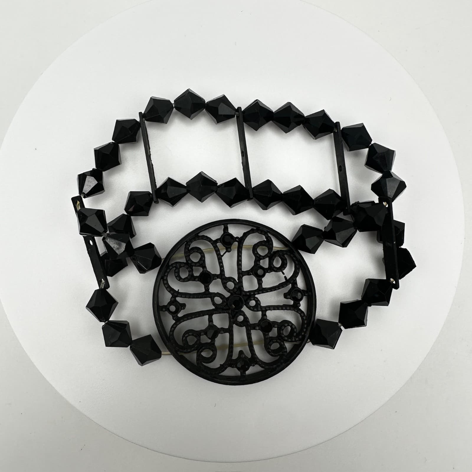 Vintage 80s Black Tone Bicone Beads Stretch Cuff Bracelet Women's Jewelry - Thumbnail 3