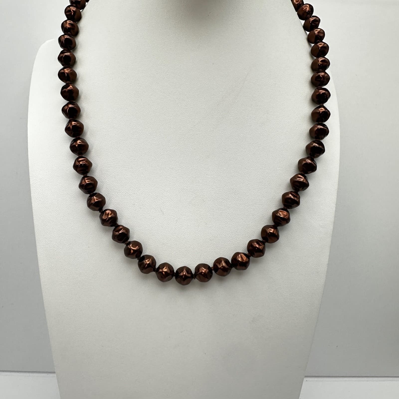 Vintage 90s Bronze Tone Pearl Knotted Necklace Gold Tone Clasp Women's Jewelry - Image 1