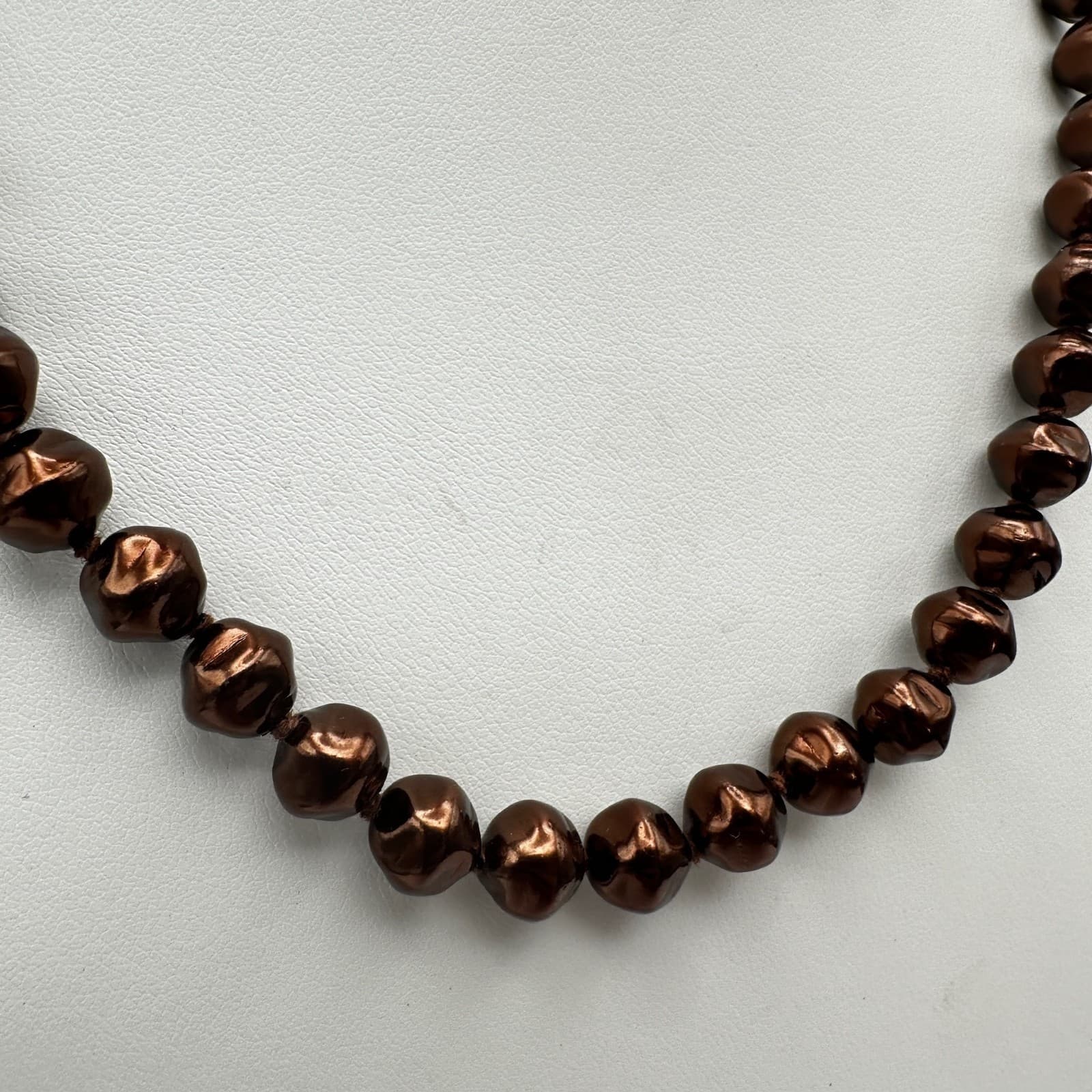 Vintage 90s Bronze Tone Pearl Knotted Necklace Gold Tone Clasp Women's Jewelry - Thumbnail 6