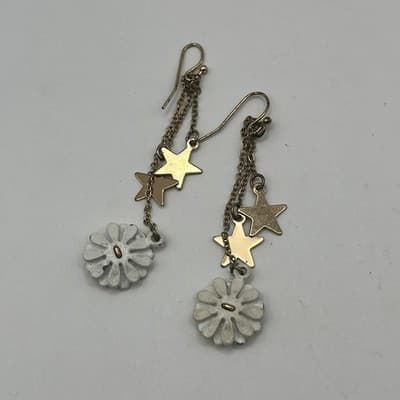 Vintage Boho Daisy Star Dangle Earring White Enamel Floral Gold Tone Tiered Drop - Thumbnail 4