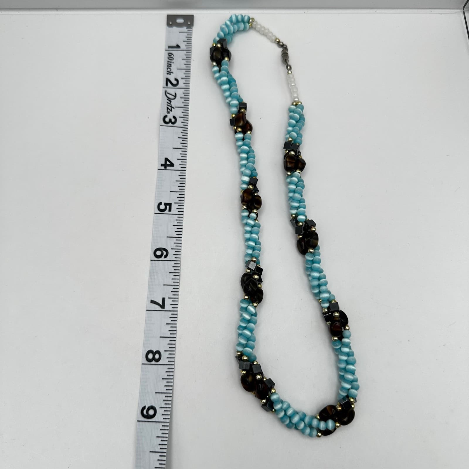 Vintage 90s Aqua Frosted Glass Beaded Layered Necklace Silver Tone Jewelry - Thumbnail 11
