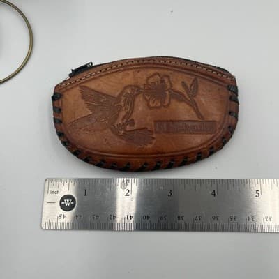 Vintage El Salvador Tazumal Leather Coin Purse Keychain Hummingbird Embossed - Thumbnail 9