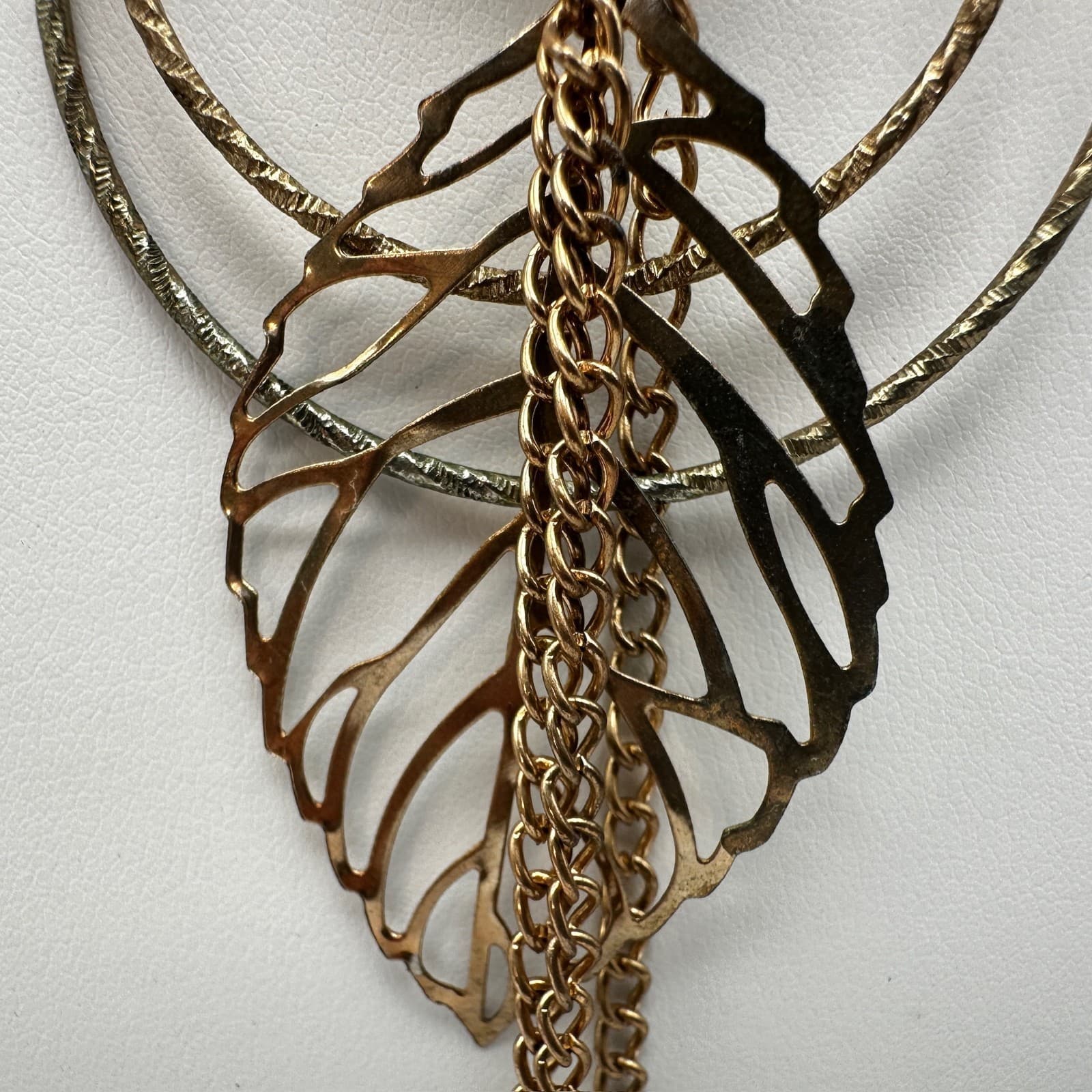 Vintage 90s Leaf Black Double Hoop Pendant Necklace Gold Tone Women's Jewelry - Thumbnail 9